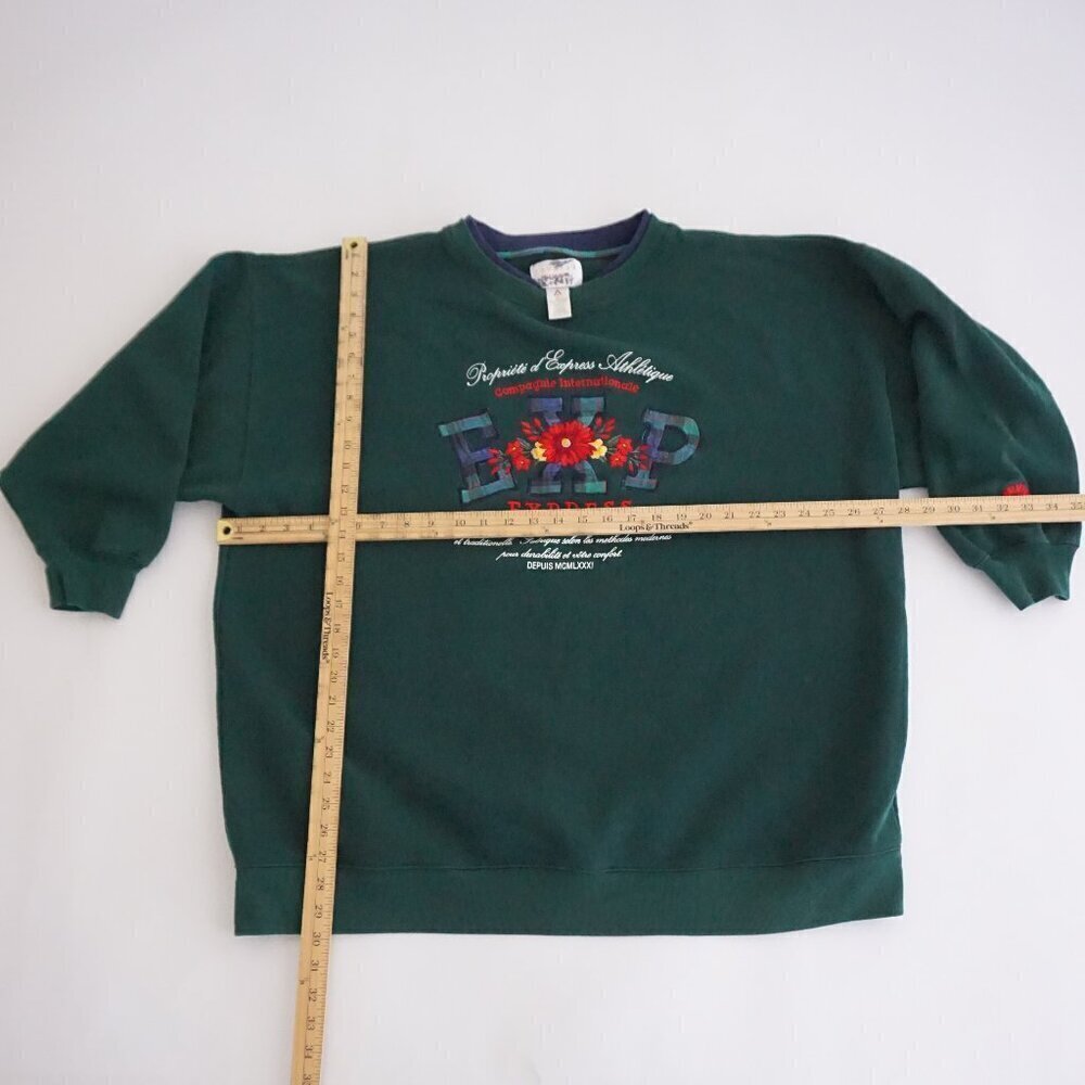 Vtg '90S Express Hunter Green Navy Embroidered Floral Cotton Crewneck Sweater XL